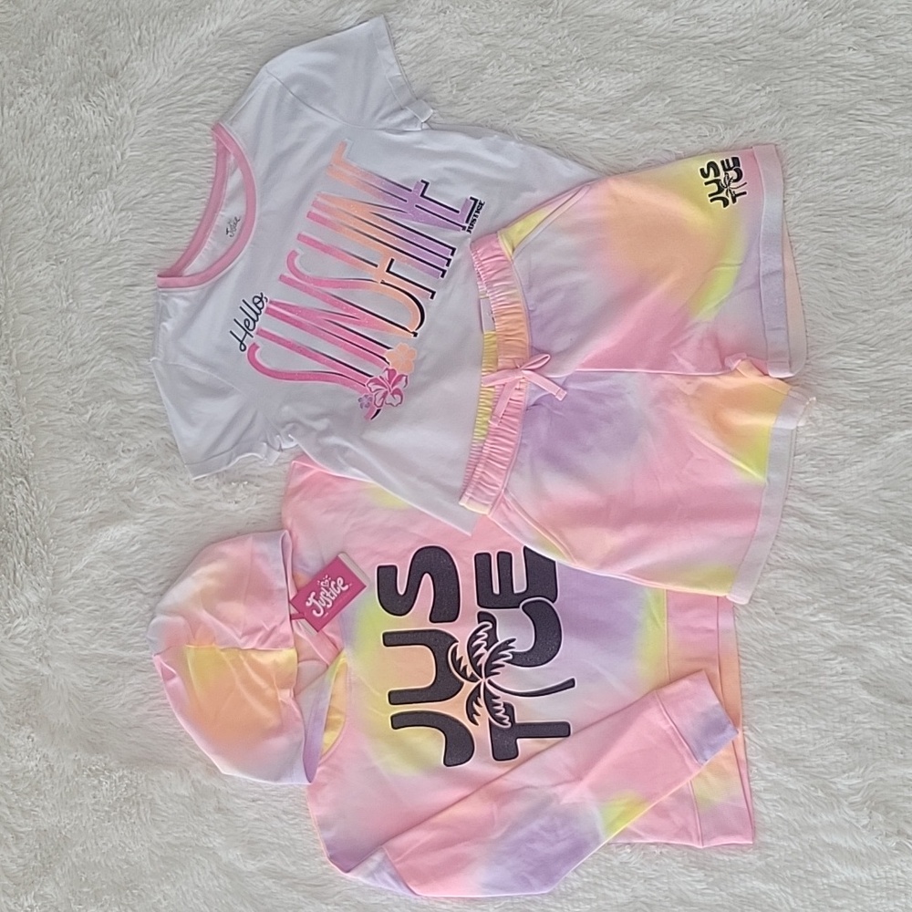 Justice 3 pc Set Hoodie, Shorts, T-Shirt Tie Dye Pink, Purple Girls L 12/14 NWT